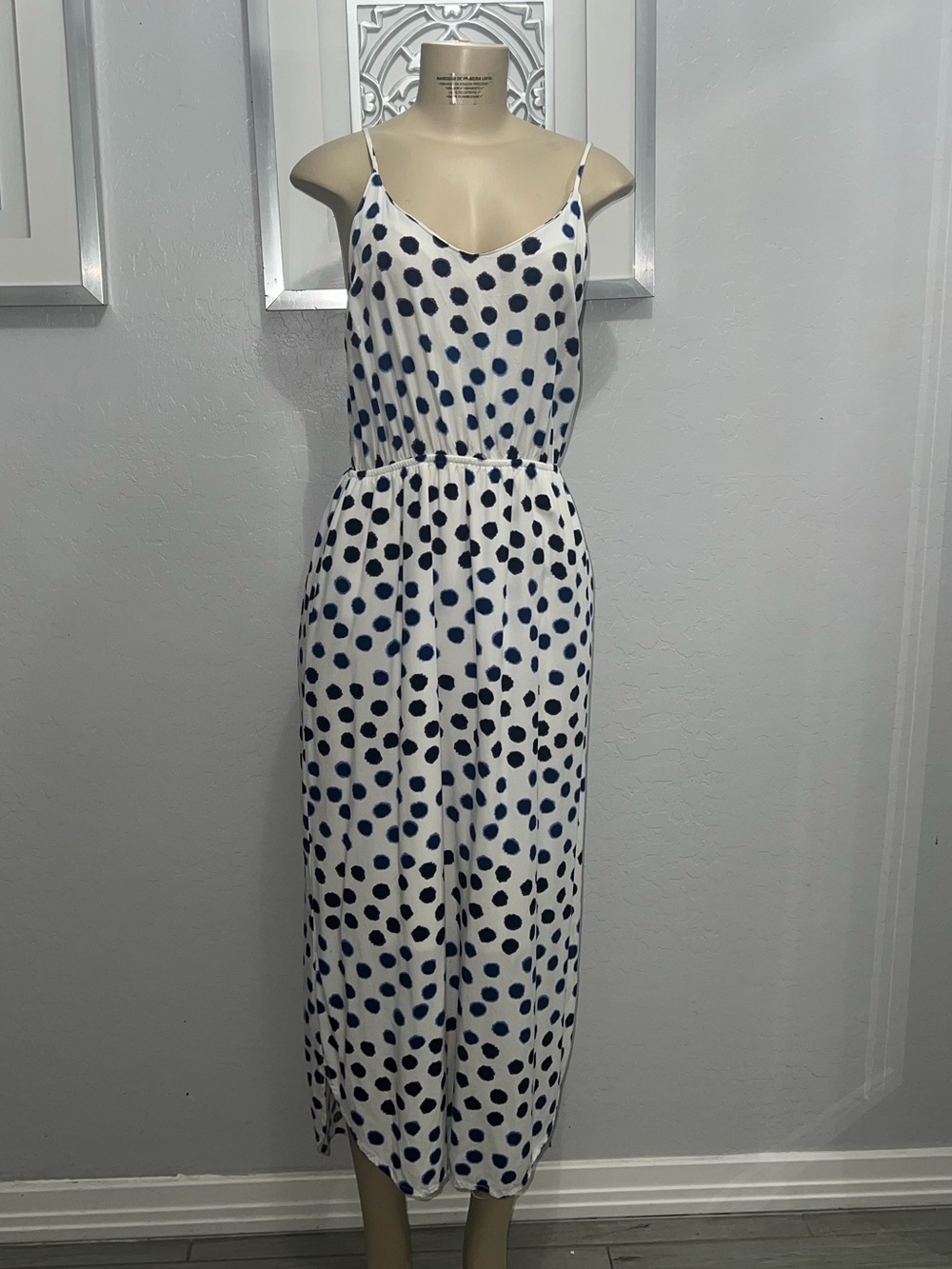 Old Navy White and Navy Polka Dot Spaghetti Strap Midi Dress